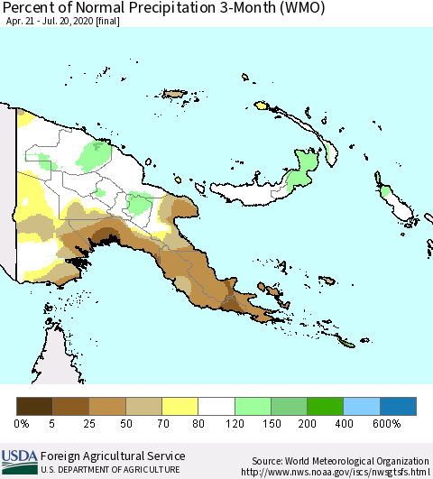 Papua New Guinea Percent of Normal Precipitation 3-Month (WMO) Thematic Map For 4/21/2020 - 7/20/2020