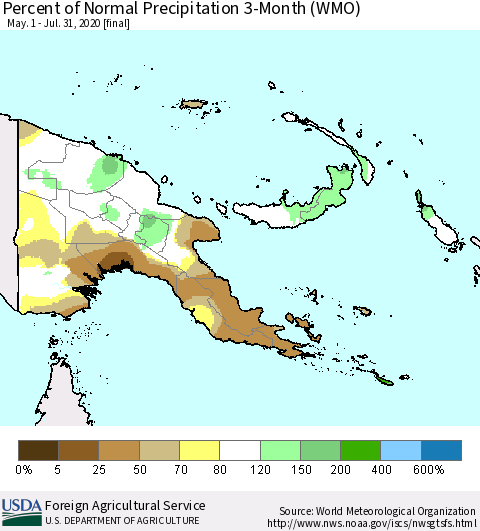 Papua New Guinea Percent of Normal Precipitation 3-Month (WMO) Thematic Map For 5/1/2020 - 7/31/2020