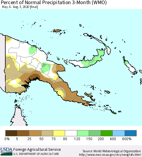 Papua New Guinea Percent of Normal Precipitation 3-Month (WMO) Thematic Map For 5/6/2020 - 8/5/2020