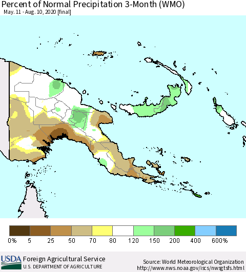 Papua New Guinea Percent of Normal Precipitation 3-Month (WMO) Thematic Map For 5/11/2020 - 8/10/2020