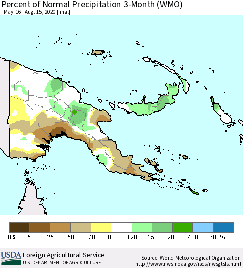 Papua New Guinea Percent of Normal Precipitation 3-Month (WMO) Thematic Map For 5/16/2020 - 8/15/2020