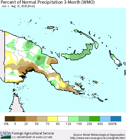 Papua New Guinea Percent of Normal Precipitation 3-Month (WMO) Thematic Map For 6/1/2020 - 8/31/2020