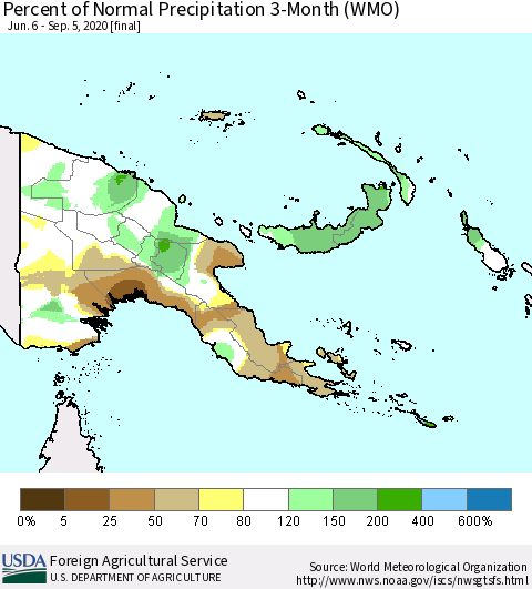 Papua New Guinea Percent of Normal Precipitation 3-Month (WMO) Thematic Map For 6/6/2020 - 9/5/2020