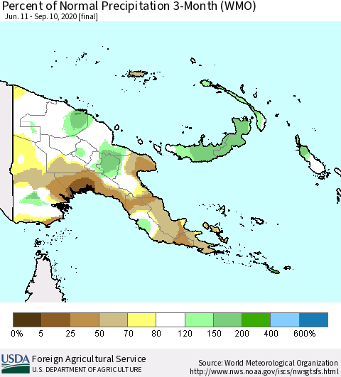Papua New Guinea Percent of Normal Precipitation 3-Month (WMO) Thematic Map For 6/11/2020 - 9/10/2020