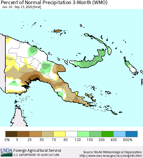 Papua New Guinea Percent of Normal Precipitation 3-Month (WMO) Thematic Map For 6/16/2020 - 9/15/2020