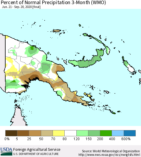 Papua New Guinea Percent of Normal Precipitation 3-Month (WMO) Thematic Map For 6/21/2020 - 9/20/2020