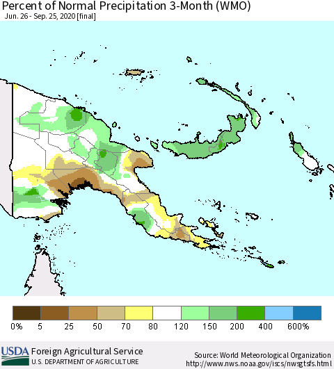 Papua New Guinea Percent of Normal Precipitation 3-Month (WMO) Thematic Map For 6/26/2020 - 9/25/2020