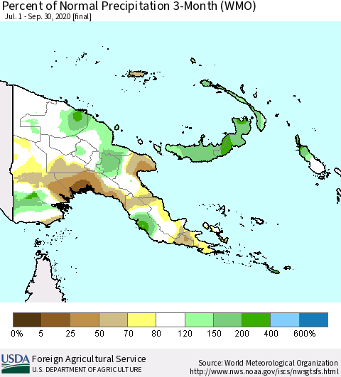 Papua New Guinea Percent of Normal Precipitation 3-Month (WMO) Thematic Map For 7/1/2020 - 9/30/2020