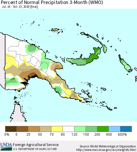 Papua New Guinea Percent of Normal Precipitation 3-Month (WMO) Thematic Map For 7/16/2020 - 10/15/2020
