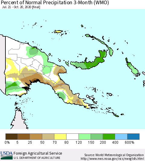 Papua New Guinea Percent of Normal Precipitation 3-Month (WMO) Thematic Map For 7/21/2020 - 10/20/2020