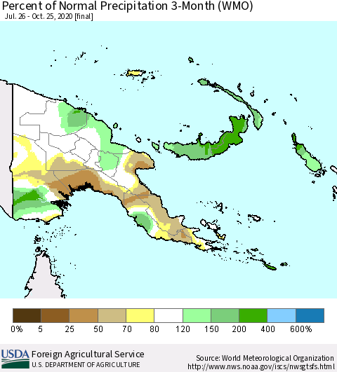 Papua New Guinea Percent of Normal Precipitation 3-Month (WMO) Thematic Map For 7/26/2020 - 10/25/2020