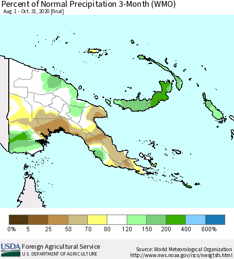 Papua New Guinea Percent of Normal Precipitation 3-Month (WMO) Thematic Map For 8/1/2020 - 10/31/2020
