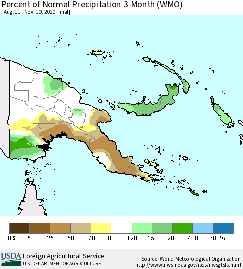 Papua New Guinea Percent of Normal Precipitation 3-Month (WMO) Thematic Map For 8/11/2020 - 11/10/2020