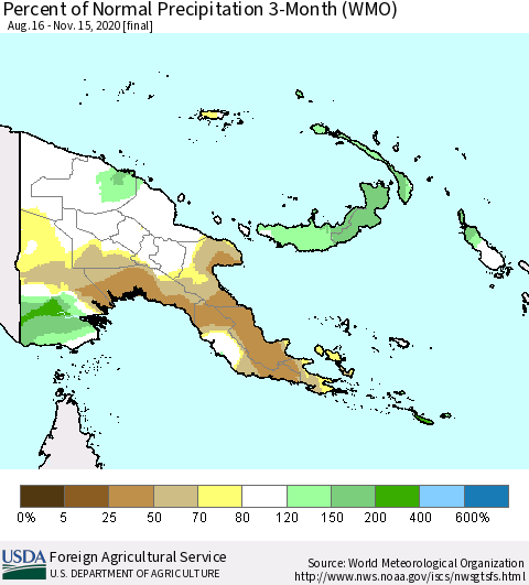 Papua New Guinea Percent of Normal Precipitation 3-Month (WMO) Thematic Map For 8/16/2020 - 11/15/2020