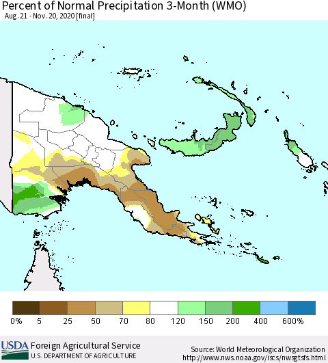 Papua New Guinea Percent of Normal Precipitation 3-Month (WMO) Thematic Map For 8/21/2020 - 11/20/2020