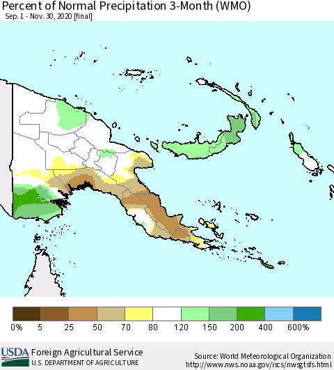 Papua New Guinea Percent of Normal Precipitation 3-Month (WMO) Thematic Map For 9/1/2020 - 11/30/2020