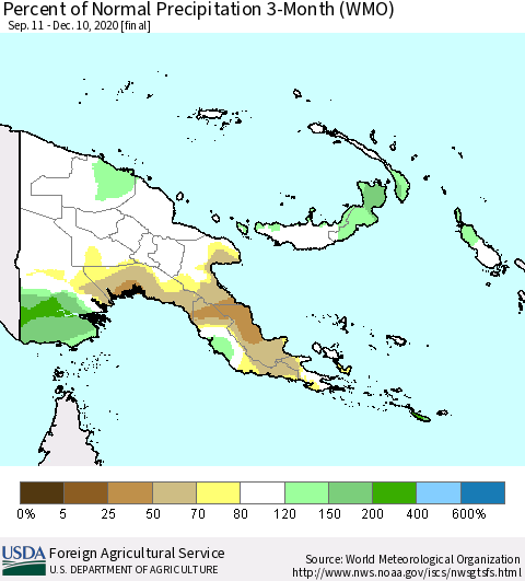 Papua New Guinea Percent of Normal Precipitation 3-Month (WMO) Thematic Map For 9/11/2020 - 12/10/2020