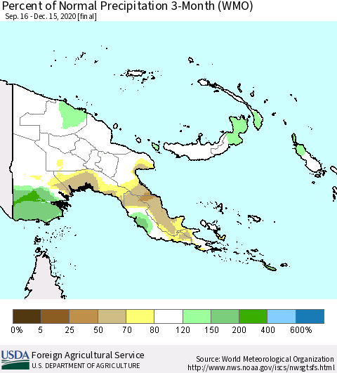 Papua New Guinea Percent of Normal Precipitation 3-Month (WMO) Thematic Map For 9/16/2020 - 12/15/2020