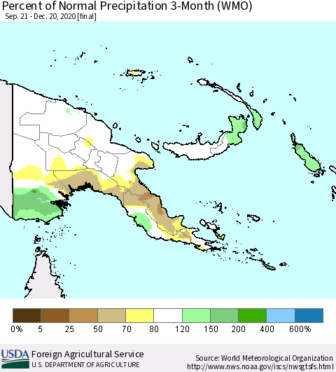 Papua New Guinea Percent of Normal Precipitation 3-Month (WMO) Thematic Map For 9/21/2020 - 12/20/2020