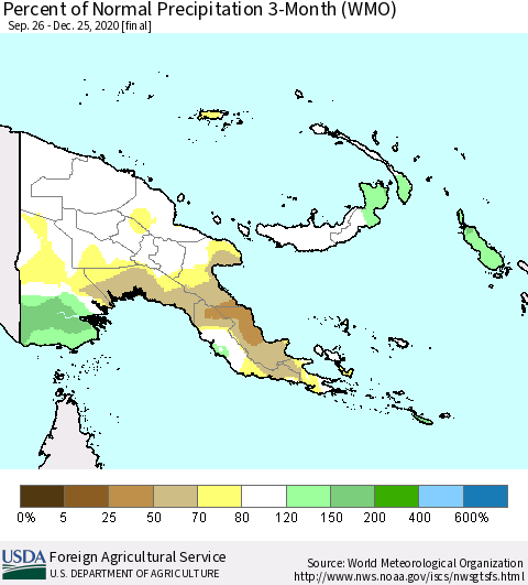 Papua New Guinea Percent of Normal Precipitation 3-Month (WMO) Thematic Map For 9/26/2020 - 12/25/2020
