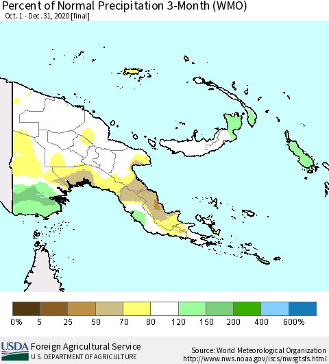 Papua New Guinea Percent of Normal Precipitation 3-Month (WMO) Thematic Map For 10/1/2020 - 12/31/2020