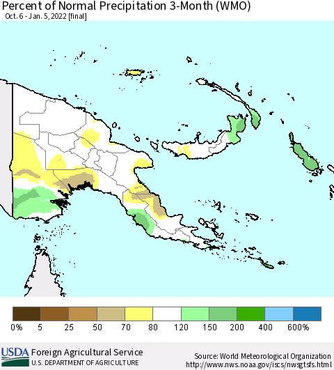 Papua New Guinea Percent of Normal Precipitation 3-Month (WMO) Thematic Map For 10/6/2021 - 1/5/2022