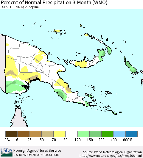 Papua New Guinea Percent of Normal Precipitation 3-Month (WMO) Thematic Map For 10/11/2021 - 1/10/2022