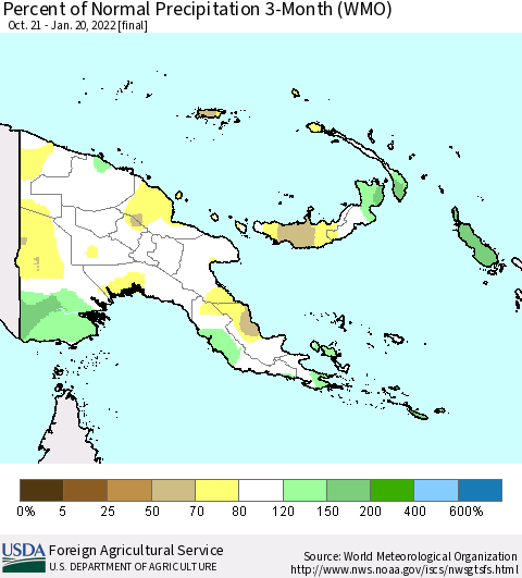 Papua New Guinea Percent of Normal Precipitation 3-Month (WMO) Thematic Map For 10/21/2021 - 1/20/2022
