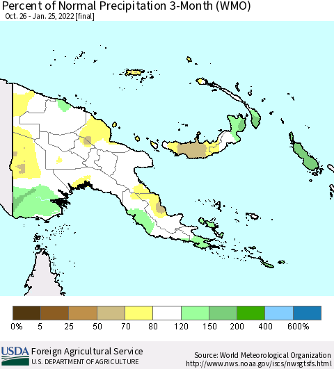 Papua New Guinea Percent of Normal Precipitation 3-Month (WMO) Thematic Map For 10/26/2021 - 1/25/2022