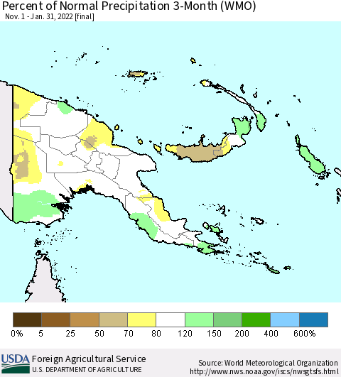 Papua New Guinea Percent of Normal Precipitation 3-Month (WMO) Thematic Map For 11/1/2021 - 1/31/2022