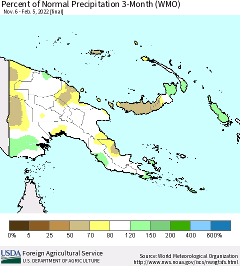 Papua New Guinea Percent of Normal Precipitation 3-Month (WMO) Thematic Map For 11/6/2021 - 2/5/2022