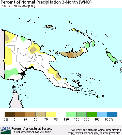 Papua New Guinea Percent of Normal Precipitation 3-Month (WMO) Thematic Map For 11/16/2021 - 2/15/2022