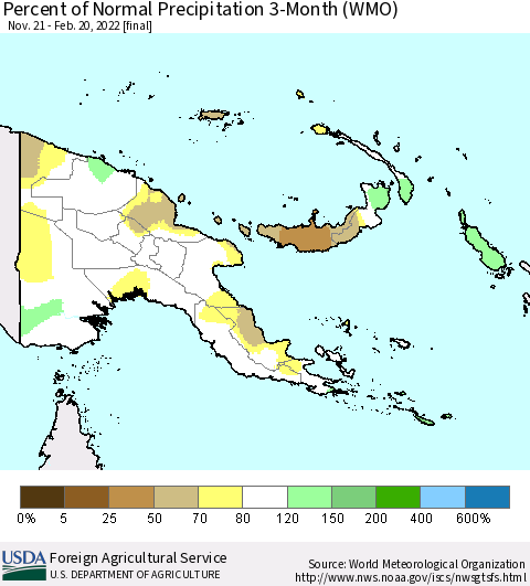 Papua New Guinea Percent of Normal Precipitation 3-Month (WMO) Thematic Map For 11/21/2021 - 2/20/2022