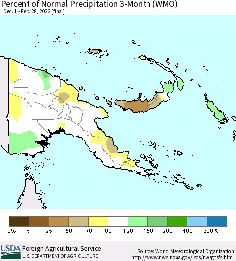 Papua New Guinea Percent of Normal Precipitation 3-Month (WMO) Thematic Map For 12/1/2021 - 2/28/2022