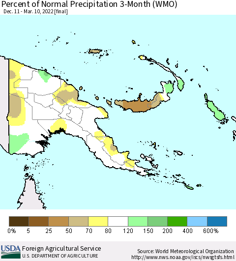 Papua New Guinea Percent of Normal Precipitation 3-Month (WMO) Thematic Map For 12/11/2021 - 3/10/2022