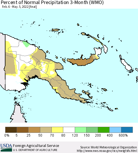Papua New Guinea Percent of Normal Precipitation 3-Month (WMO) Thematic Map For 2/6/2022 - 5/5/2022