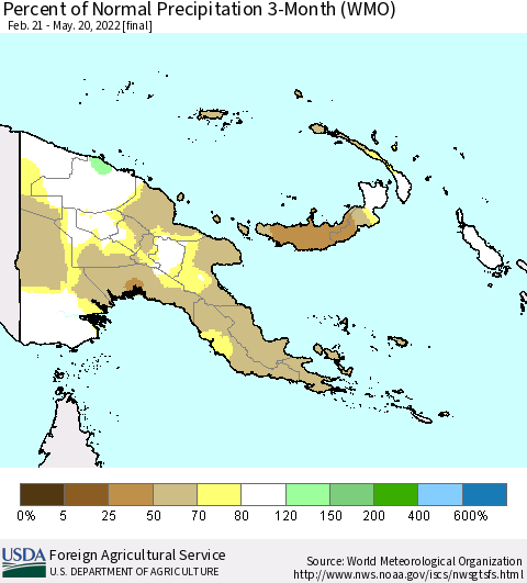 Papua New Guinea Percent of Normal Precipitation 3-Month (WMO) Thematic Map For 2/21/2022 - 5/20/2022