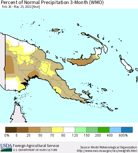 Papua New Guinea Percent of Normal Precipitation 3-Month (WMO) Thematic Map For 2/26/2022 - 5/25/2022
