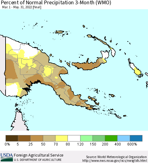 Papua New Guinea Percent of Normal Precipitation 3-Month (WMO) Thematic Map For 3/1/2022 - 5/31/2022