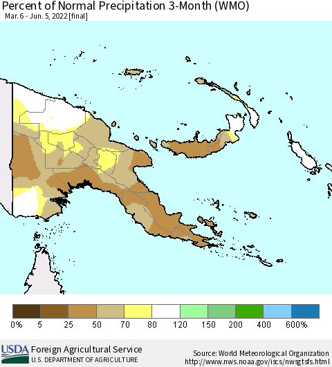 Papua New Guinea Percent of Normal Precipitation 3-Month (WMO) Thematic Map For 3/6/2022 - 6/5/2022