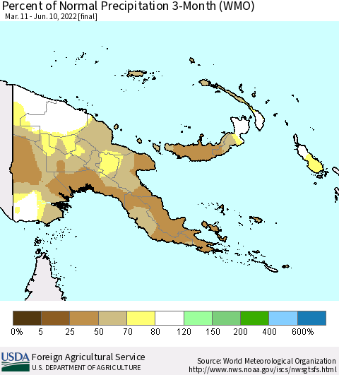 Papua New Guinea Percent of Normal Precipitation 3-Month (WMO) Thematic Map For 3/11/2022 - 6/10/2022