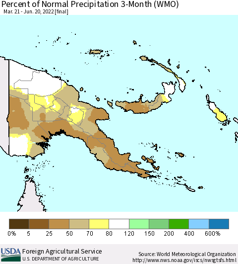 Papua New Guinea Percent of Normal Precipitation 3-Month (WMO) Thematic Map For 3/21/2022 - 6/20/2022