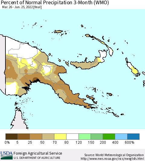 Papua New Guinea Percent of Normal Precipitation 3-Month (WMO) Thematic Map For 3/26/2022 - 6/25/2022