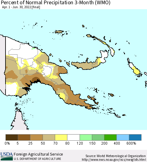 Papua New Guinea Percent of Normal Precipitation 3-Month (WMO) Thematic Map For 4/1/2022 - 6/30/2022