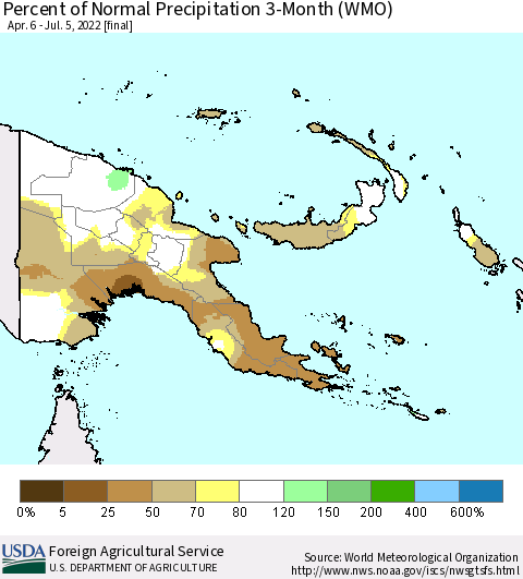Papua New Guinea Percent of Normal Precipitation 3-Month (WMO) Thematic Map For 4/6/2022 - 7/5/2022