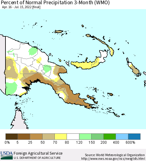 Papua New Guinea Percent of Normal Precipitation 3-Month (WMO) Thematic Map For 4/16/2022 - 7/15/2022