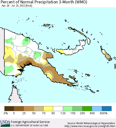 Papua New Guinea Percent of Normal Precipitation 3-Month (WMO) Thematic Map For 4/26/2022 - 7/25/2022