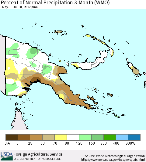 Papua New Guinea Percent of Normal Precipitation 3-Month (WMO) Thematic Map For 5/1/2022 - 7/31/2022