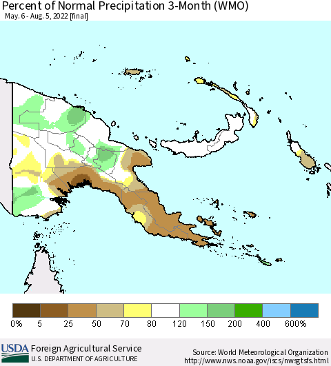 Papua New Guinea Percent of Normal Precipitation 3-Month (WMO) Thematic Map For 5/6/2022 - 8/5/2022