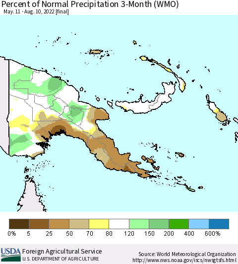 Papua New Guinea Percent of Normal Precipitation 3-Month (WMO) Thematic Map For 5/11/2022 - 8/10/2022